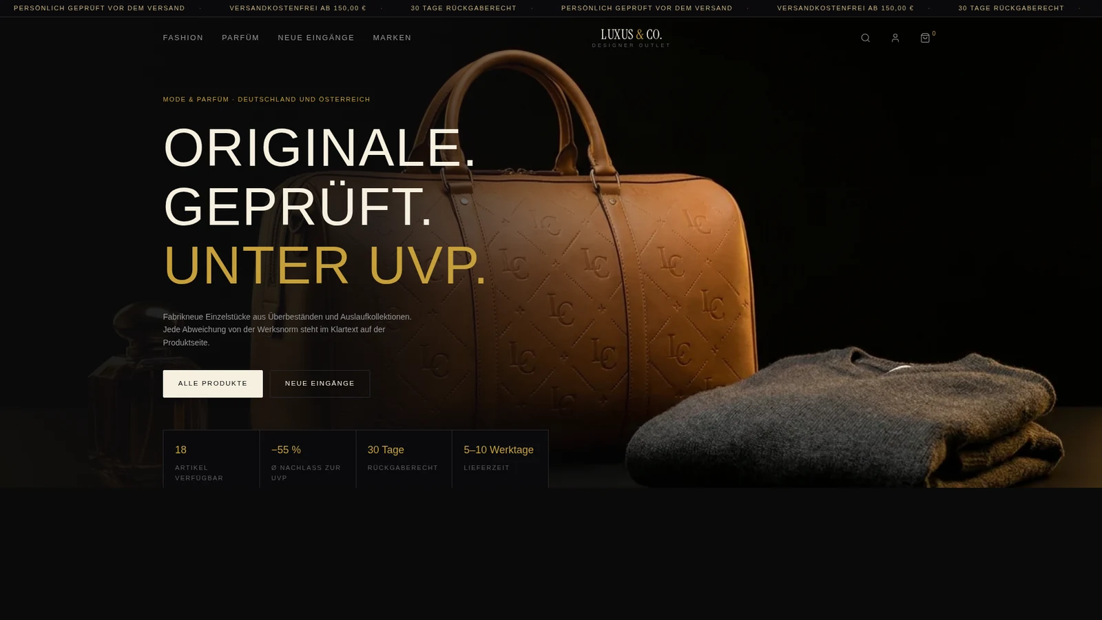 Startseite von LUXUS & CO. mit Designer-Handtasche und Modeangebot